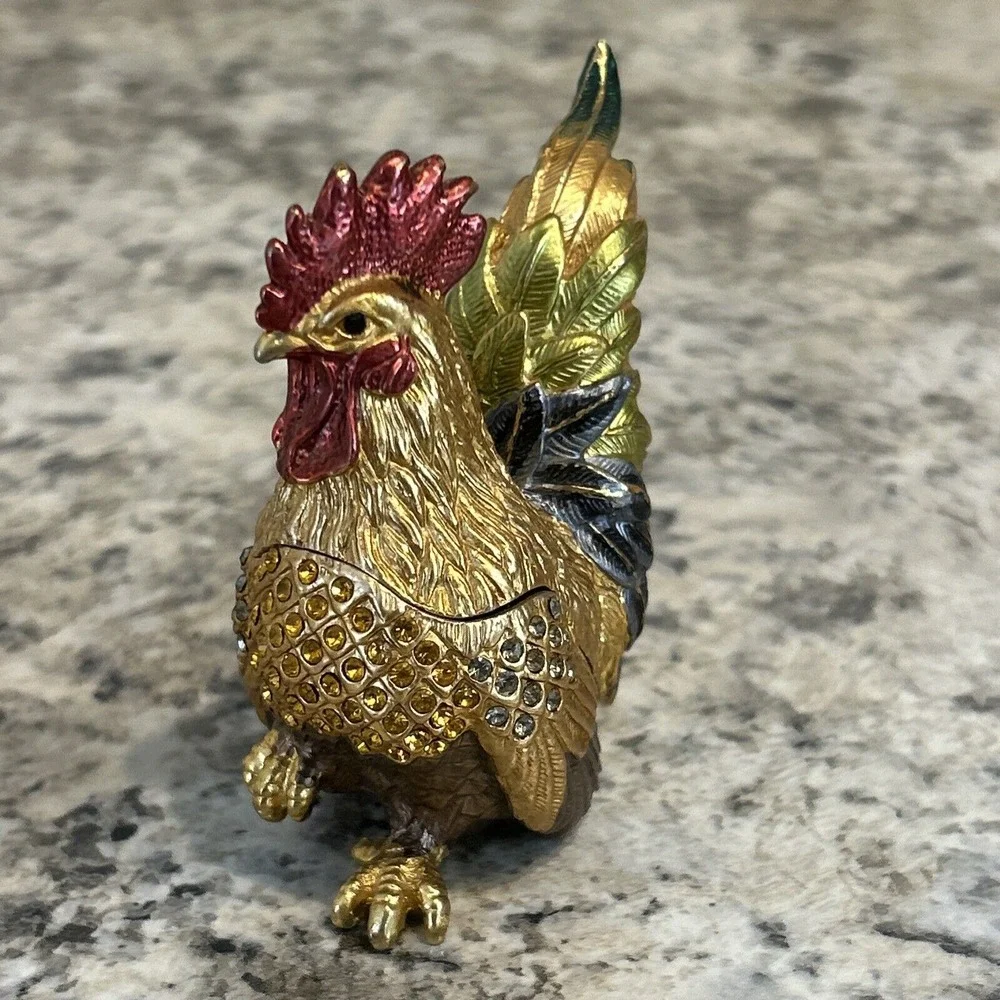 Beautiful Metalic‎ Enamel And Rhinestone Rooster Trinket Box